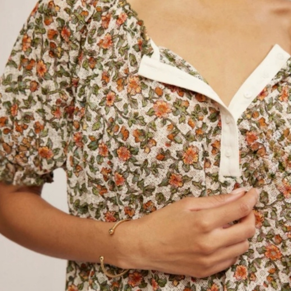 Free People Astra Peasant Swing Top Size S Daisy Floral Open Knit Puff Henley - Picture 11 of 13